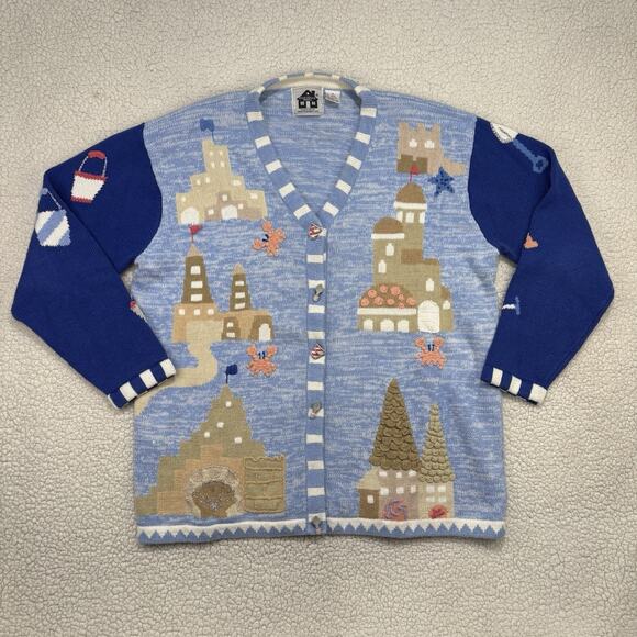 Storybook Knits 3D Novelty Sandcastle Cardigan Sweater 1X Coastal Nautical Beach - Picture 1 of 8